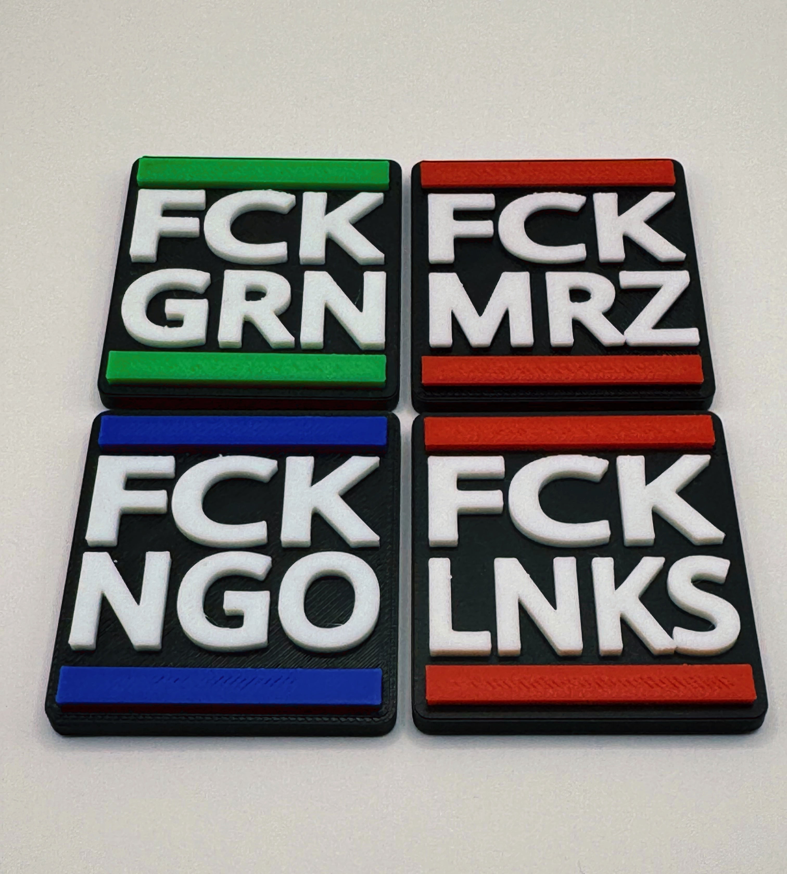 4er Set Kühlschrankmagnete „FCK GRN / FCK MRZ / FCK NGO / FCK LNKS“ – 3D Optik – Handmade in Germany
