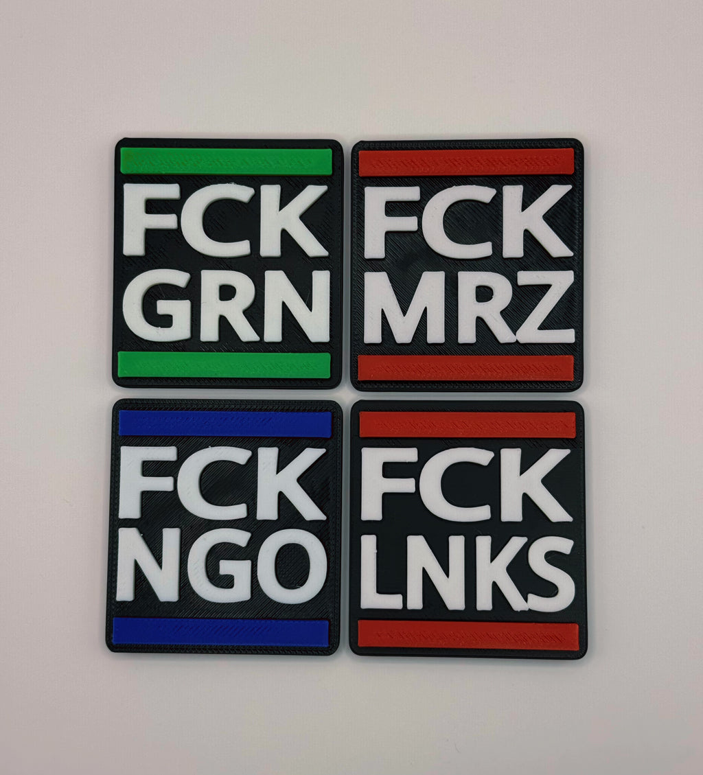 4er Set Kühlschrankmagnete „FCK GRN / FCK MRZ / FCK NGO / FCK LNKS“ – 3D Optik – Handmade in Germany