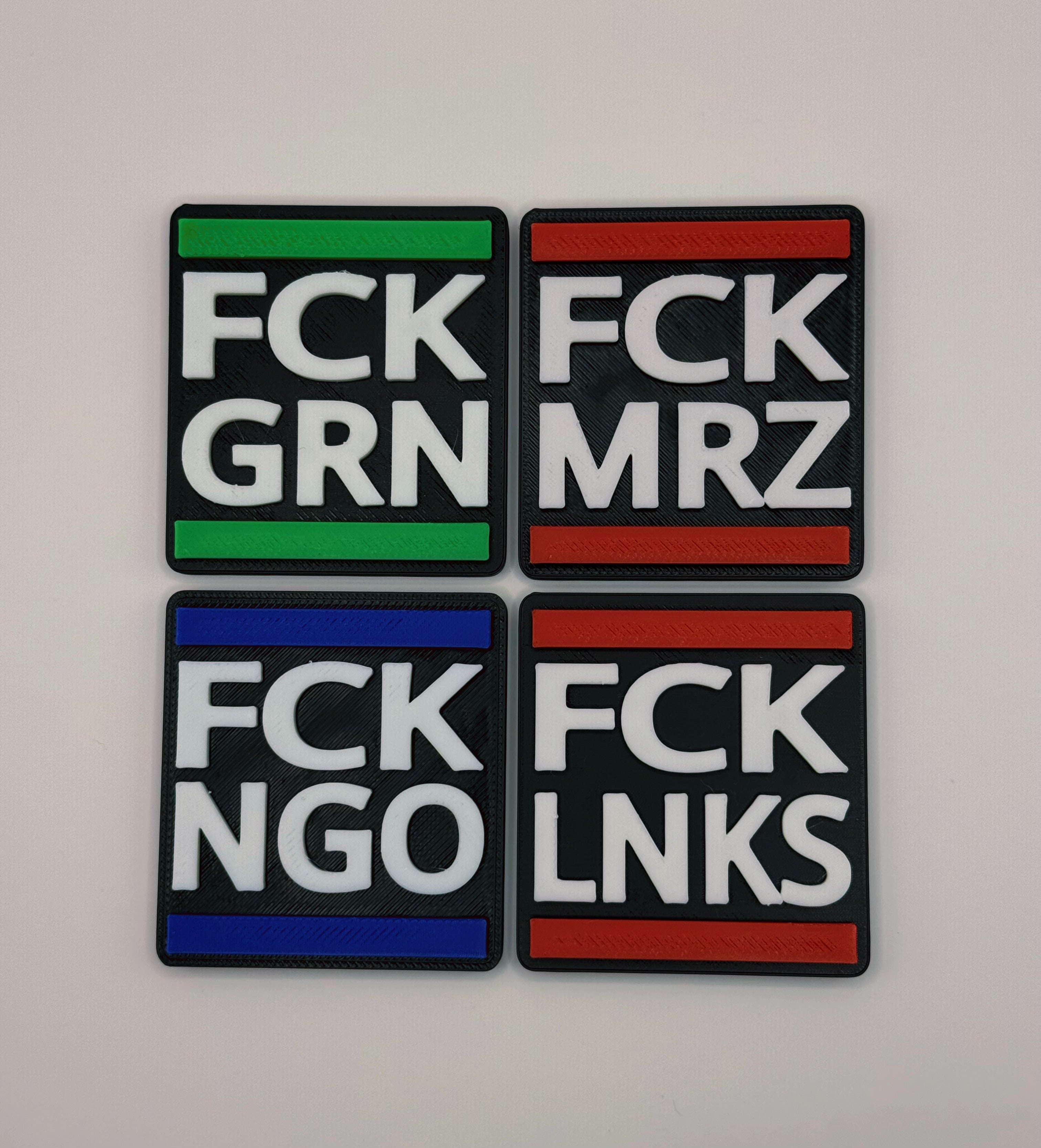 4er Set Kühlschrankmagnete „FCK GRN / FCK MRZ / FCK NGO / FCK LNKS“ – 3D Optik – Handmade in Germany